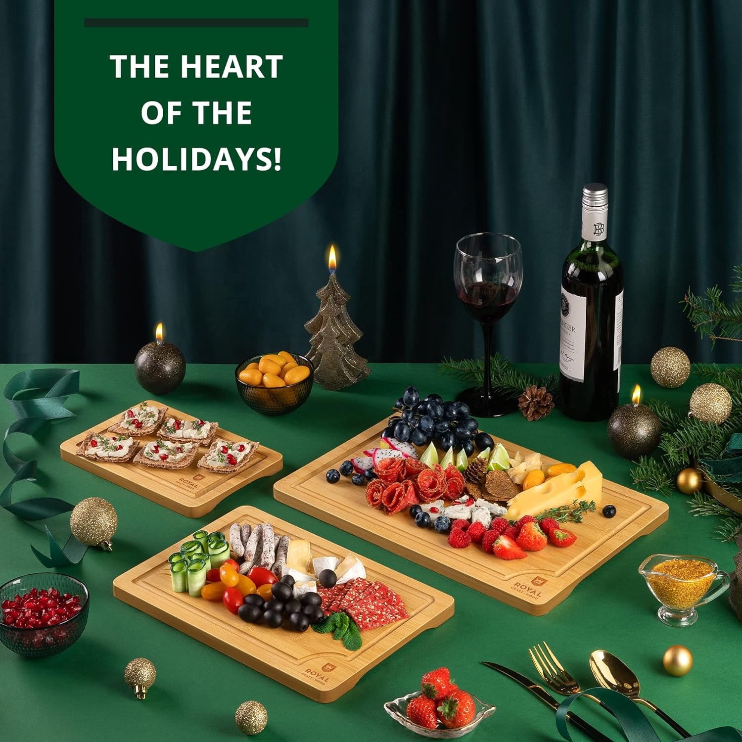 𝐋𝐮𝐱𝐮𝐫𝐲 Bamboo Cutting Board for Kitchen - Chopping Board w/Juice Groove & Easy Grip Handle - Organic Wooden Cutting Boards for Meat, Cheese, Fruits & Vegetables (Set of 3)